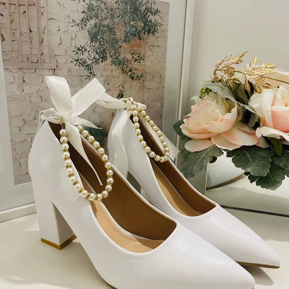 Elegant White Block Heel Shoes with Pearl Ankle Strap
